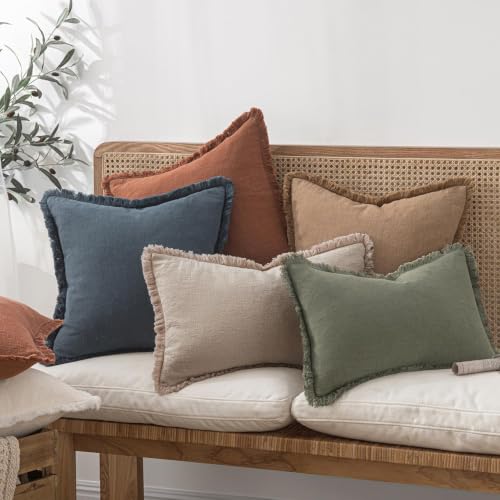 Image of MIULEE Boho Natural Linen Fringe Decorative Euro Throw Pillow Covers 22x22