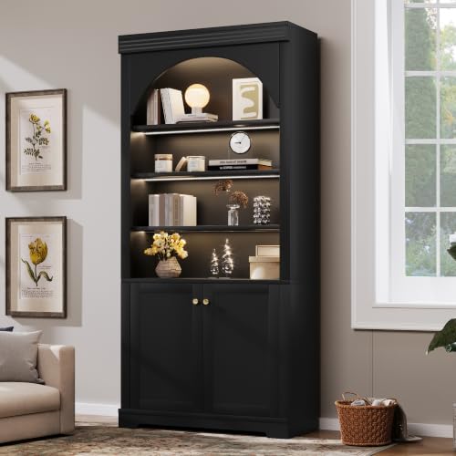Image of Modern Display Tall Bookshelf with 4-Layer LED Light(Black Style2) | Bookcase with Doors & Adjustable Shelves, Storage Bookshelf for Living Room & Home Office, Display Cabinet with Open Shelves