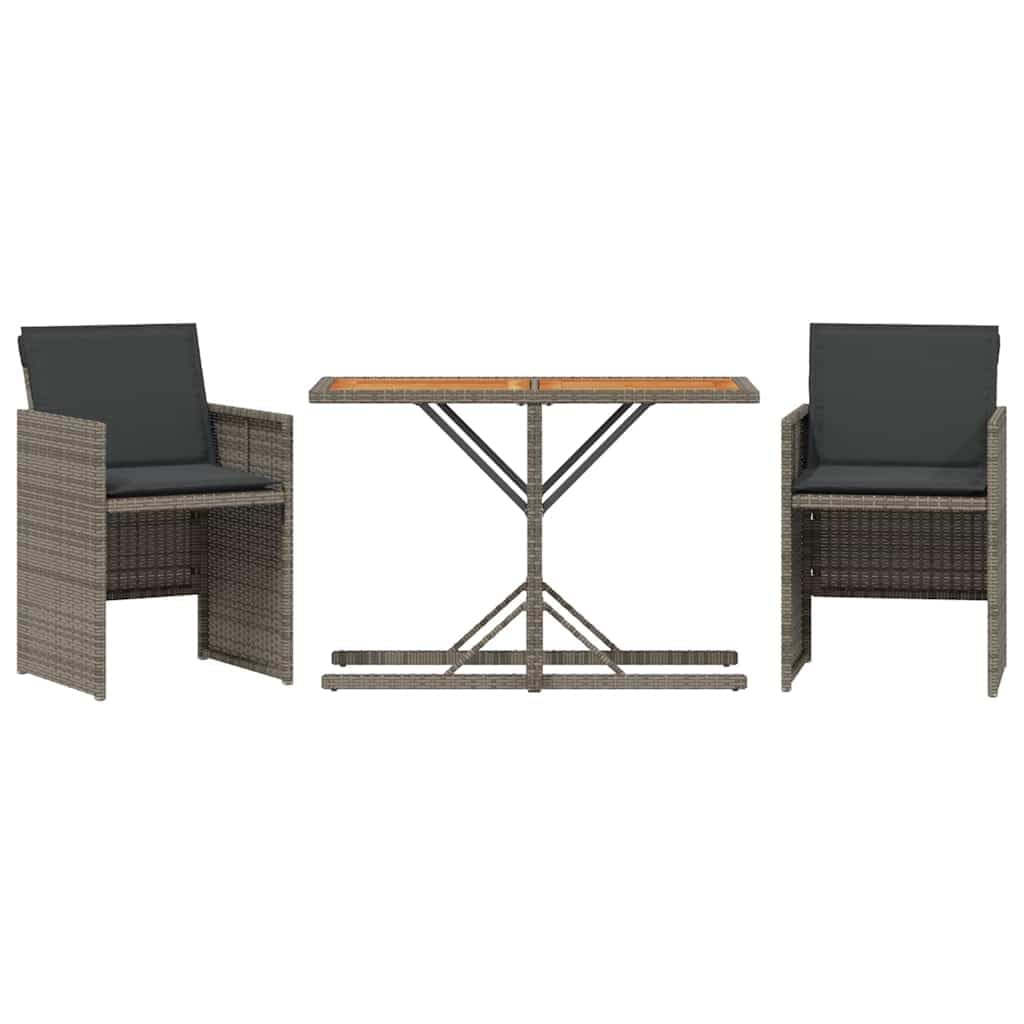 Set da 3 pezzi da bistrot con cuscino grigio, polyrattan, tavolo in legno di acacia, sedie pieghevoli per giardino, balcone, terrazza, resistente ai raggi UV