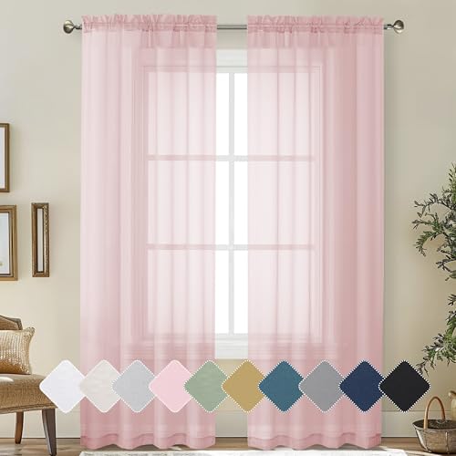 Lecloud Blush Pink Sheer Curtains 84 Inches Long 2 Panels Set for Bedroom Living Room, Light Filtering Transparent Voile Window Curtain Panels, Airy Lightweight Curtains & Drapes, Total Wide 84