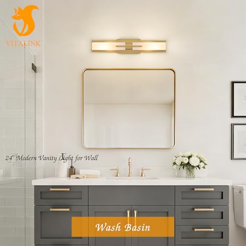 Image of VitaLink Gold Vanity Light, 24 inch Modern Bathroom Wall Light Over Vanity Mirror 2-Light Hardwired Milky White Glass Wall Light for Bedroom Living Room Dining Room Hallway