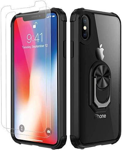 Amuoc Compatible with iPhone X Case, iPhone Xs Case,[ Military Grade ] with [ Glass Screen Protector] 15ft. Drop Tested Protective Case [Kickstand]-Black