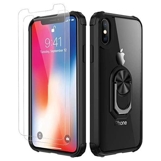 iPhone X Case | iPhone Xs Case,[ Military Grade ] with [ Glass Screen Protector] 15ft. Drop Tested Protective Case | Kickstand | Compatible with Apple iPhone X Xs -Black