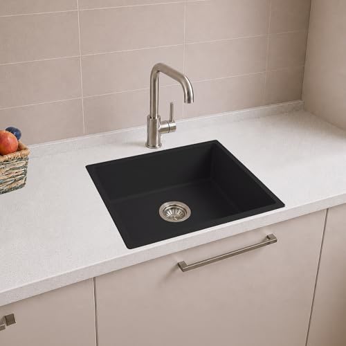 Image of Carissa By Carysil Titanium Quartz Kitchen Sink 18 x 16 x 8 inches, Single Bowl Granite Sink with 80% Quartz & 20% Resin, Heat Resistant 300C, 50kg Load Bearing, Stain Resistant - Z-Black