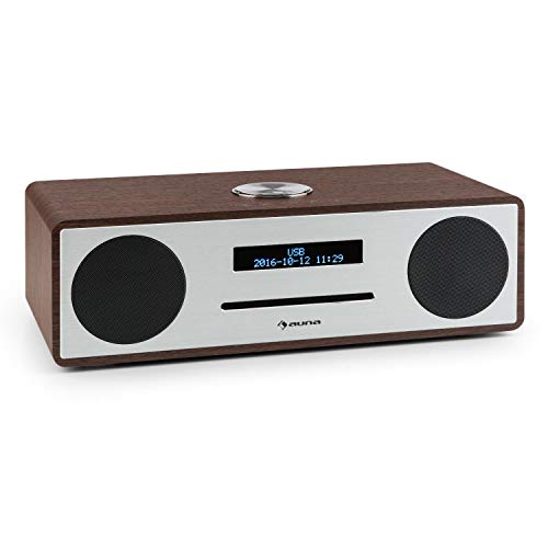 auna Stanford - Digitalradio, DAB+, UKW-Tuner, LED-Display, RDS-Funktion, Radiowecker, USB-Port, Slot-In CD-Player, Bluetooth 3.0, Wecker, Bassreflexgehäuse, Fernbedienung, braun