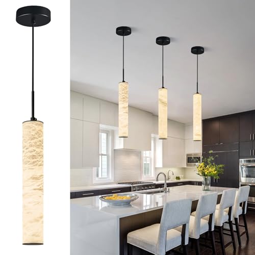 Image of LMQNINE Natural Alabaster Pendant Lights for Kitchen Island White Marble Long Tube Chandelier 4000K Modern Black Ceiling Light Fixtures for Bedroom Dining Room Table Living Room Hallway(M-3Pack)
