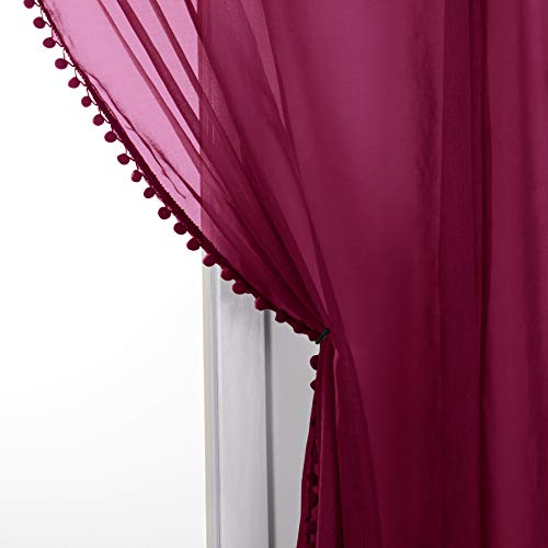 Elegant Comfort 10EC-60IN-POMPOM-CURTAIN-BURGUNDY Semi-Sheer Pom Pom Tassels Curtains - 2 Panels Set thumb #4