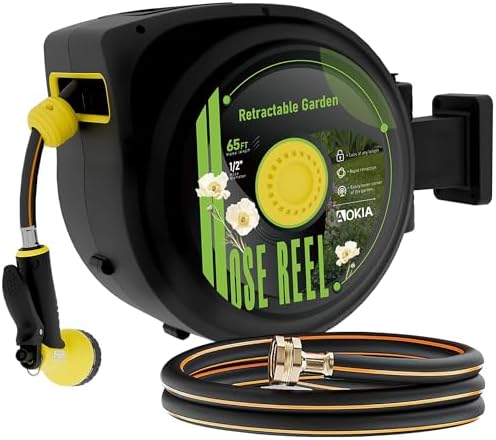Hose Reel, Retractable Garden Hose Reel, 65 ft x 1/2 inch Garden Hose with Auto Return System, Retractable Water Hose with 180°Swivel Wall Mounted Bracket, 9 Pattern Sprayer Nozzle & Any Length Lock