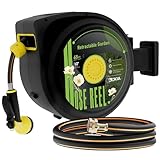 Hose Reel, Retractable Garden Hose Reel, 65 ft x 1/2 inch Garden Hose with Auto Return System, Retractable Water Hose with 180°Swivel Wall Mounted Bracket, 9 Pattern Sprayer Nozzle & Any Length Lock