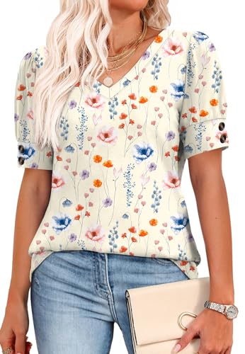 Image of OFEEFAN Womens Tops Short Sleeve Shirts Buttons V Neck Spring Fashion Summer Outfits Plus Size Blouses Dressy Casual