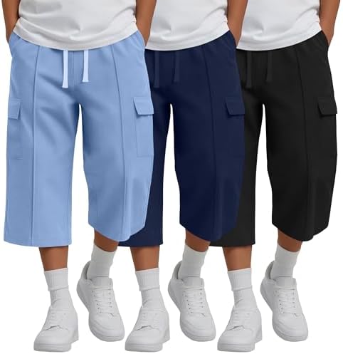 LessonZoo 3 Pack Boys Cargo Capri Pants 6-16 Years Teen Youth Kids Wide Leg Bagg