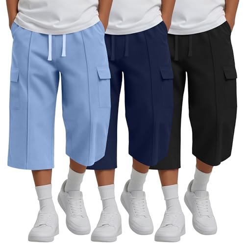 LessonZoo 3 Pack Boys Cargo Capri Pants 6-16 Years Teen Youth Kids Wide Leg Baggy Loose 3/4 Shorts Sweatpants with Pockets(10-11 Years,Black, Navy Blue, Light Blue)