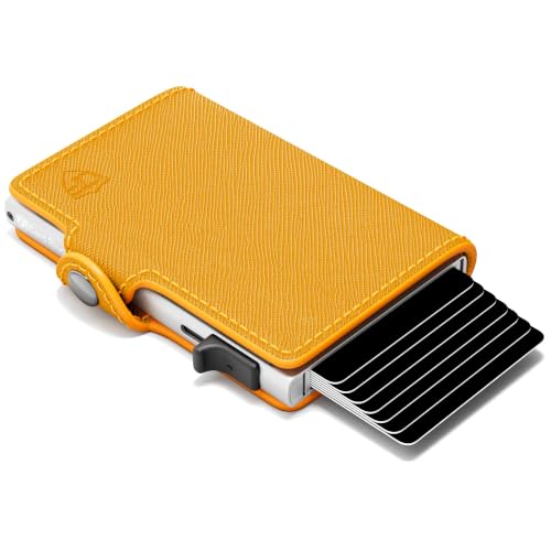 Image of Conceal Plus Pop Up Wallet for Women | Slim RFID Blocking Card Holder for Small Purse & Crossbody Bag | Compact Metal Wallet 4-6 Card Capacity | Saffiano Orange
