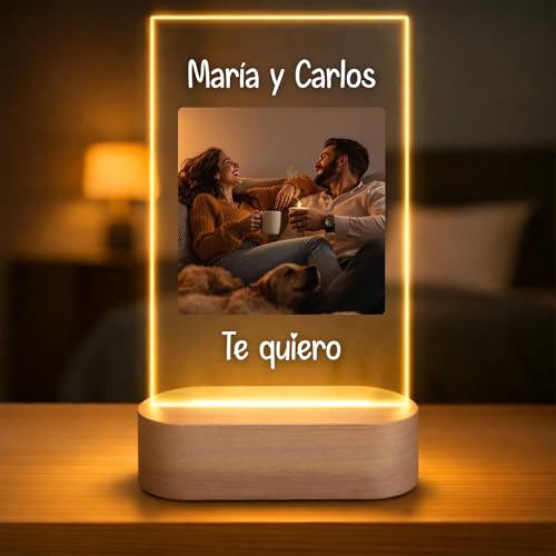 Candeeiro personalizado dia dos namorados com foto e nomes - presente romântico personalizado para casal, amor, 14 de fevereiro - luz LED em placa de metal com base de madeira