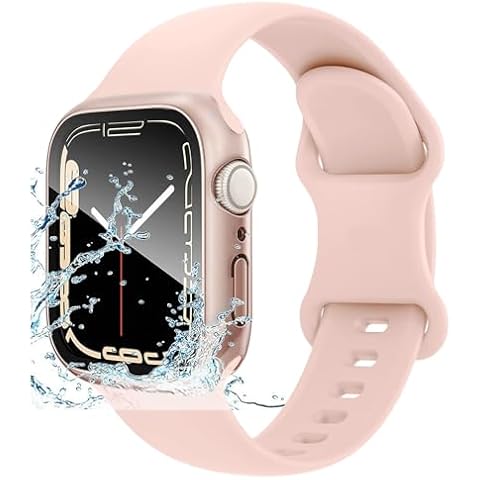 Lasllaves For Apple Watch 9 Waterproof Case Built-in Tempered Glass Screen Protector with Silicone Soft Band Wrist Strap for iWatch Series 9 8 7 (41mm, Pink) Cover