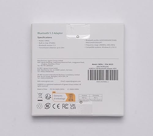 UGREEN Bluetooth 5.3 Adapter USB Bluetooth Dongle do Komputera PC Obsługuje Windows 11/10/8.1, Kompatybilny z Kontrolerem Gier, Słuchawkami, Klawiaturą, Myszą i Głośnikiem.