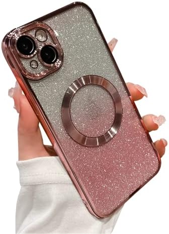 SobLn for iPhone 14 Plus Case Glitter Magnetic Work with MagSafe Full Camera Lens Protection Luxury Plating Cute Bling Clear Shockproof Slim Phone Case for Women Girls (Pink)