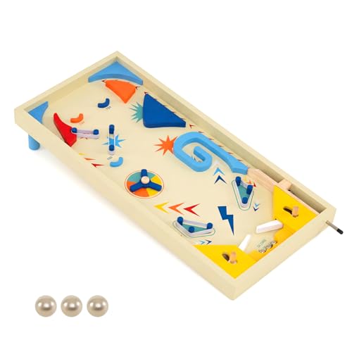 GYMAX Pinball Machine Wooden Pinball Toy with 3 Balls Scoring Rotating Track Tabletop Game for Office Family Party Suitable for Kids Age 6+