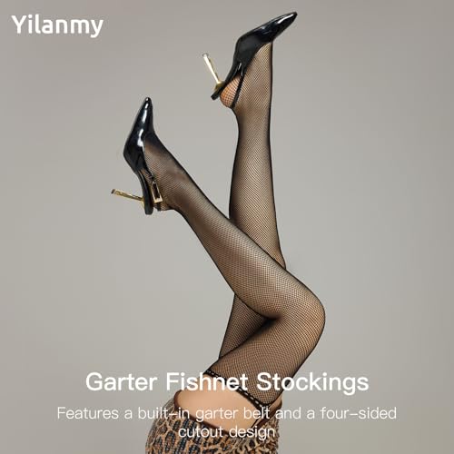 Yilanmy Fishnet Stockings for Women, Black Fishnet Tights Lace Patterned Suspender Pantyhose4