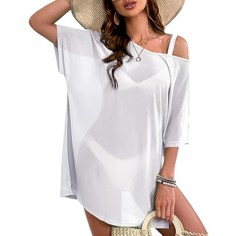 LIENRIDY Women's Swim Cover Up Summer Side Split Hem Swimsuit Beach Cover Ups White L Cover