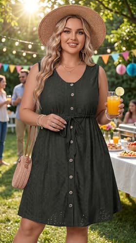 Image of Talisea Plus Size Summer Dresses - Casual Beach Eyelet Sleeveless Tank V Neck Button Down Swing Short Sundress Pockets Women