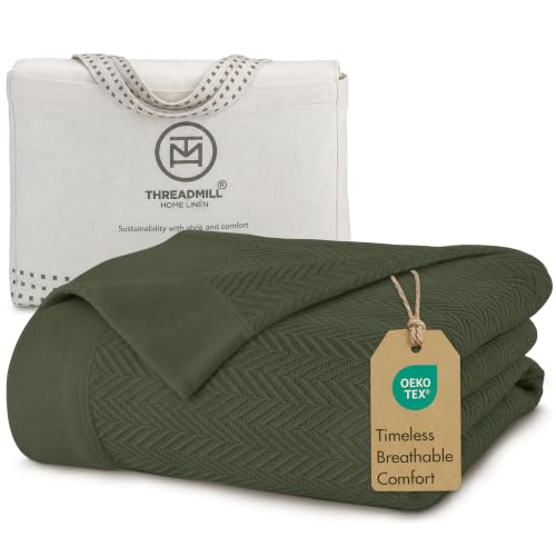 Threadmill Luxury 100% Cotton Twin Herringbone Blanket, Olive | All-Season Thermal Throw Blanket, Soft & Breathable, Cozy Moisture-Wicking, OEKO-TEX Certified, Machine Washable, 68x92 in