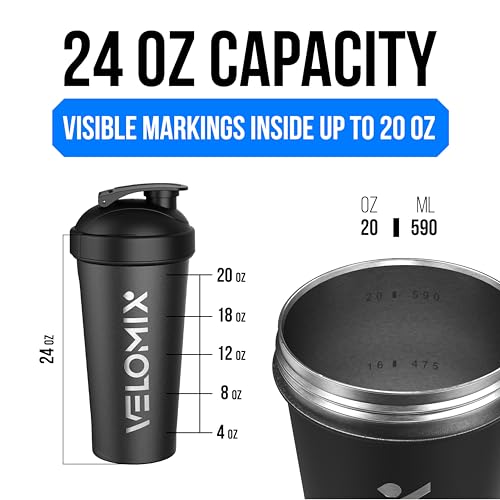 Image of VELOMIX 24 oz Stainless Steel Shaker Bottle with Wire Whisk - Leakproof, No Clumps, Odor Resistant Metal Shaker Bottle, Insulated Shaker Cups for Protein Shakes, Pre Workout and Smoothie (Black)