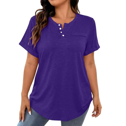 UHBYGV Womens Summer Plus Size T Shirts Short Sleeve Casual Henley Tops Loose Fit Button Basic Tees with Curved Hem