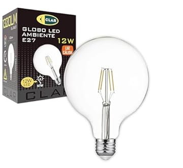 CLAR- Lampadina a globo E27 LED, lampadina E27 LED vintage G125 filamento, lampadina E27 LED 12W Luce Calda 2700ºK (Pack 1)