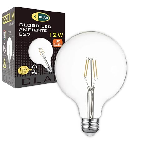 CLAR- Bombilla Globo E27 LED, Bombilla Vintage E27 LED G125 Filamento, Bombilla LED E27 12W Luz Cálida 2700ºK (Pack 1)