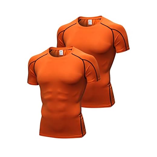 2 Pack Mens Compression Tops Short Sleeve Running Shirts Quick Dry Base Layer Top for Gym Workout Jogging Fitness Cycling, Orange+orange, XXL