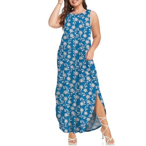 Image of Wolddress Womens 2026 Plus Size Sleeveless Tank Dress Casual Loose Sundress Split Summer Beach Long Maxi Dresses with Pockets