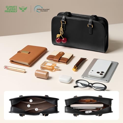 Image of BOSTANTEN Shoulder Bag with Cherry Charm Vegan Leather Purse for Women | Quiet Luxury Vintage Style, Structured Handbag, Handle Strap, Well-Organized Pockets, Versatile for Everyday Weekend Office