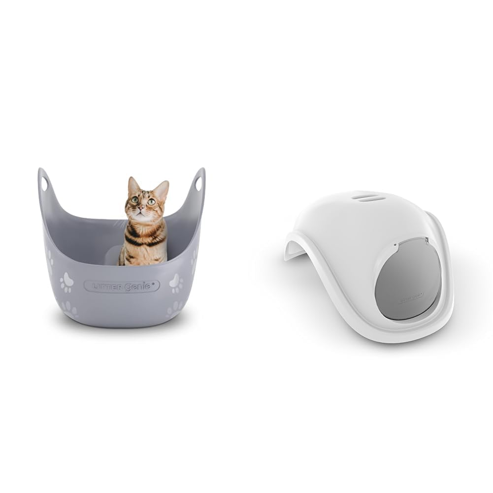 Bundle of Litter Genie Cat Litter Box | Made with Flexible, Soft Plastic | Features High-Walls and Handles for Privacy and Portability + Litter Genie Litter Box Hood | Dome Hood with Swinging Flap