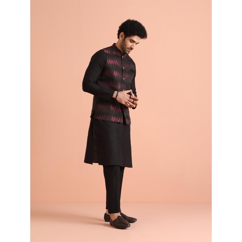 Kisah Mens Nehru Jacket|Silk Blend Waistcoat Jacquard Pattern Mens Ethnic Wear|Regular Fit Mandarin Collar Sleeveless, Black, 42