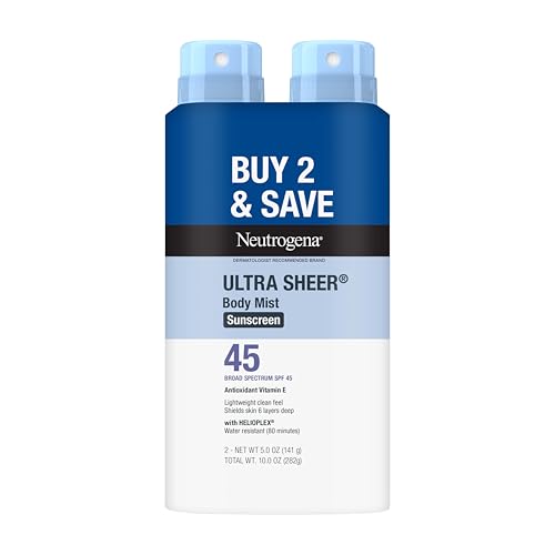 Neutrogena Ultra Sheer Sunscreen Spray SPF 45 Body Mist Lightweight Non-Greasy Broad Spectrum UVA/UVB Protection Non-Comedogenic Water Resistant Spray Sunscreen (80 min) Twin Pack 5 oz