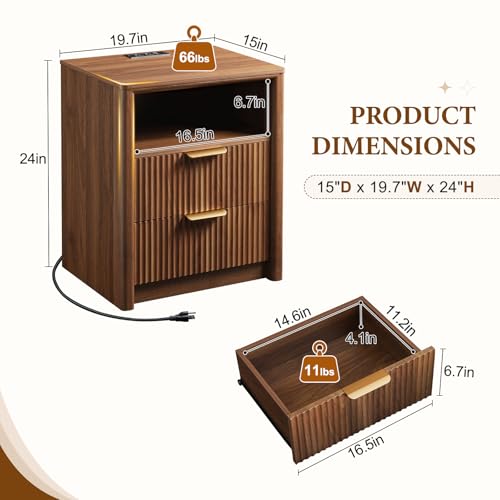 Image of LYNCOHOME 19.7 inch Fluted Nightstand with Charging Station, 2 Drawer Bedside Table, Modern Night Stand with Curved Edge Design, Wooden End Table for Bedroom, Rounded Night Stand with Storage, Walnut