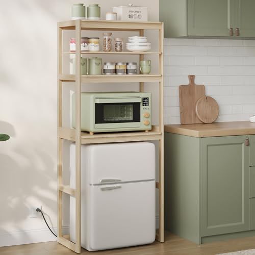 SONGMICS HOME Kitchen Bakers Rack with Power Outlet, 4-Tier Coffee Bar Table with Adjustable Shelf, Mini Fridge Shelf, Microwave Stand, 15.7 x 23.6 x 66.9 Inches, Natural Beige UKKS043N01