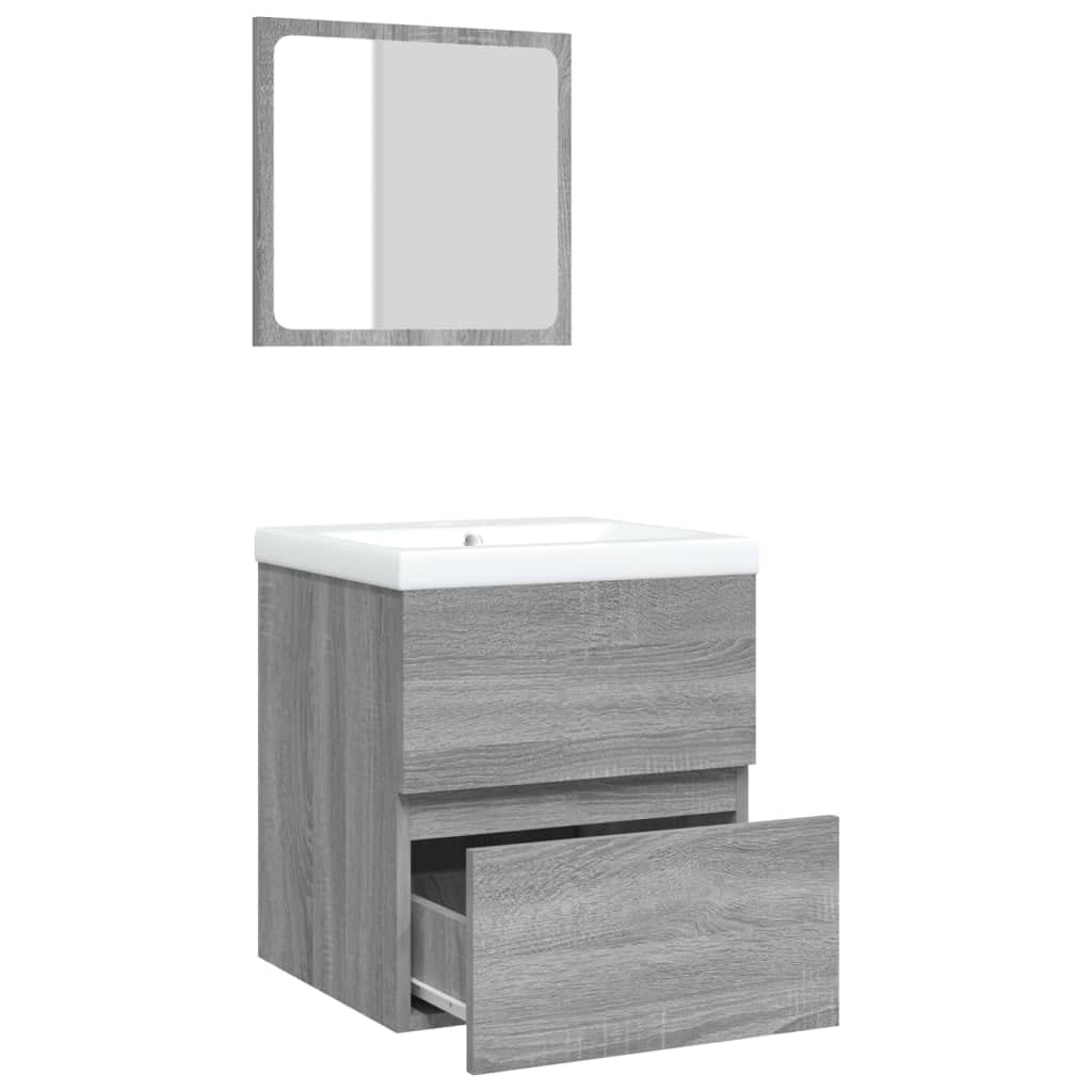 SYDE Armario de Lavabo con lavamanos y Espejo Gris Sonoma | Madera contrachapada resistente a humedad, cajón amplio, montaje en pared, rebosadero integrado