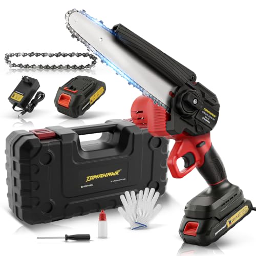 Image of TOMAHAWK TCS-8A Cordless Chainsaw 8 inch with Brushless motor, 20V Battery, Dual Switch Safety, Includes 2 Batteries & Charger, Portable Electric Handheld Saw for Gardening, Wood Cutting.