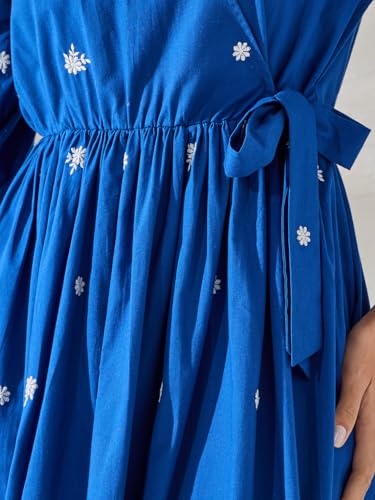 Image of Styli Women Blue V-Neck Wrap Contrast Embroidered Midi Dress | Three-Quarter Sleeves, Flattering Wrap Style, Soft Cotton |Perfect Dress for Casual & Evening Events