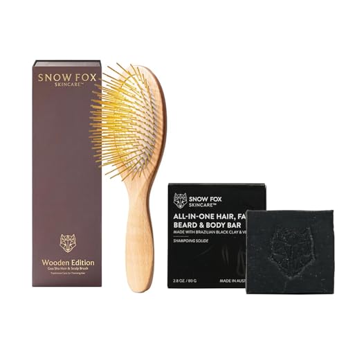 �ySNOW FOX SKINCARE�z�v���~�A�� FOX �J�b�T �E�b�h �w�A�u���V (�E�b�h) & �u���b�N�N���C�I�[���C������ �V�����v�[�o�[ 80g �w�A�P�A�Z�b�g