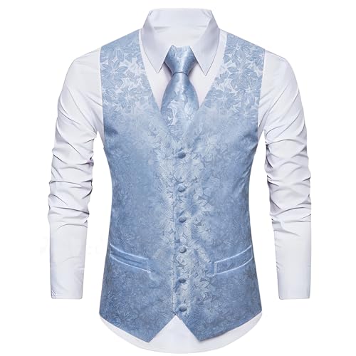 Image of Barry.Wang Mens Dusty Blue Suit Vest Jacquard Silk Ties Handkerchief Cufflinks Waistcoat Set Formal Wedding Tuxedo 5PCS