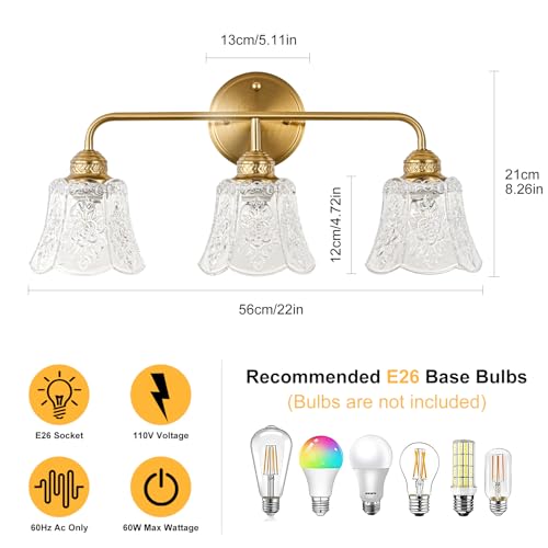 YUNICE 3 Light Bathroom Vanity Light Fixtures Brushed Gold Wall Sconce with White Glass Shade E26 Base Vintage Mirror Lights for Bathroom, Bedroom Antique Brass Wall Lamp — view 3