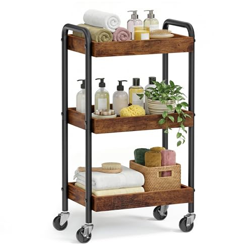 SONGMICS Rollwagen, Servierwagen, Küchenwagen, Küchenregal mit Griffen, einfacher Aufbau, für Schlafzimmer, Badezimmer, Küche, Stahlgestell, 27,5 x 41,3 x 73 cm, vintagebraun LRC081KD01