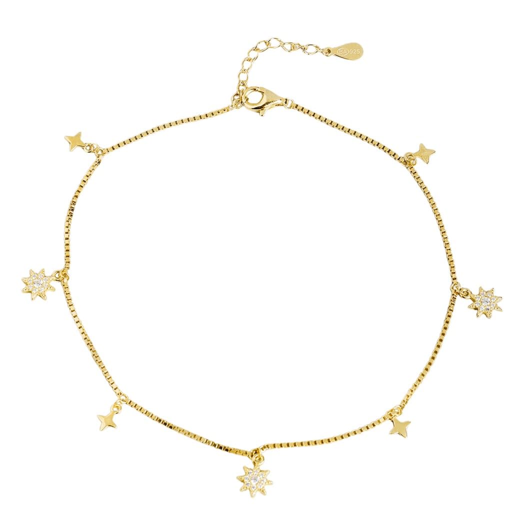 zavya 925 Sterling Silver Cubic Zirconia Sun Gold Plating Charm Anklet (Single) | | Gift for Women & Girls | With Certificate of Authenticity & 925 Stamp-picture-42