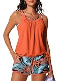Summer Mae Blouson Women’s Tankini Swimsuits with Shorts Tummy Control Bathing Suits Side Pockets Tropical Green Foliage Large 2026