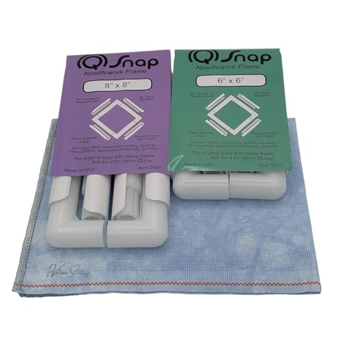 Image of VolcanoStitching Q-Snap 6x6 & 8x8 Frame Set, 16ct Hand-Dyed Aida Fabric | Q-Snap plastic frame duo (6x6in & 8x8in) for portable cross stitch & embroidery; includes hand-dyed 16-count Aida fabric.