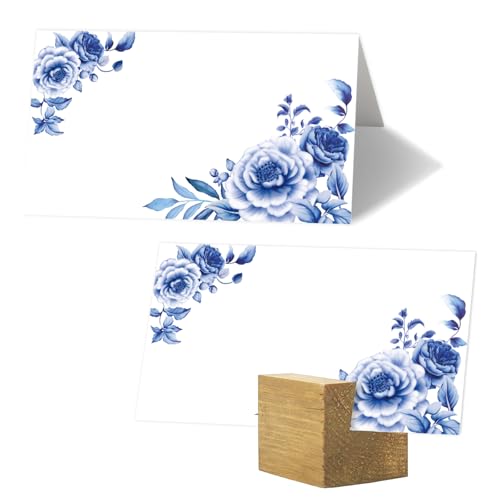 Cartes de table blanches Whaline avec fleurs bleues pour mariage