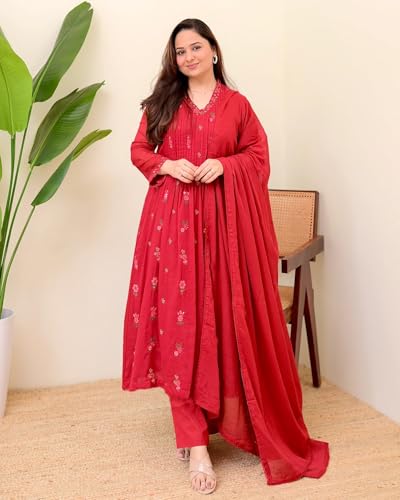 Image of KLOSIA Women Embroidery Solid Anarkali Kurta and Pant Set with Dupatta|Silk|Regular Fit